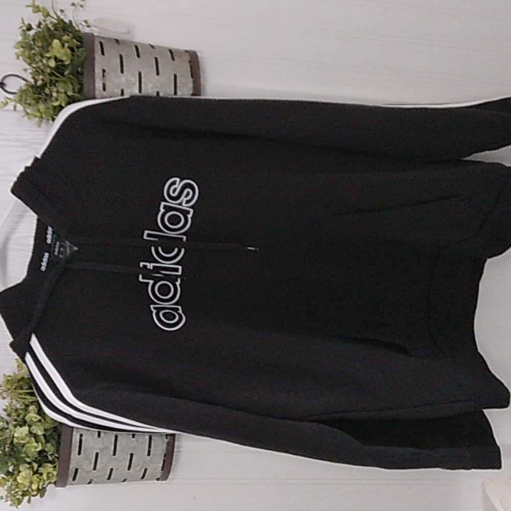 Adidas hoodie black with white stripes on the sleeves